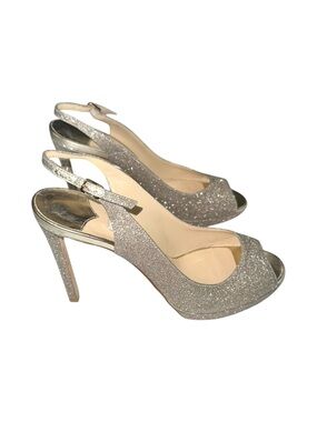 Jimmy Choo Nova Platinum Glitter Peep-Toe Slingback High Heels 37.5